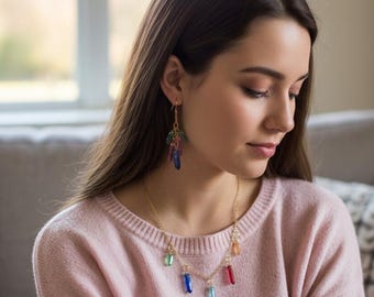 Rainbow Crystal Charm Necklace – Gold Stainless Steel Chain – Boho Minimal Jewelry