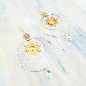 Sun Suncather big hoop gold earrings, Long drop Rainbow suncatcher dangle hoop teadrop earrings, Goddess Crystal earrings, Boho jewelry
