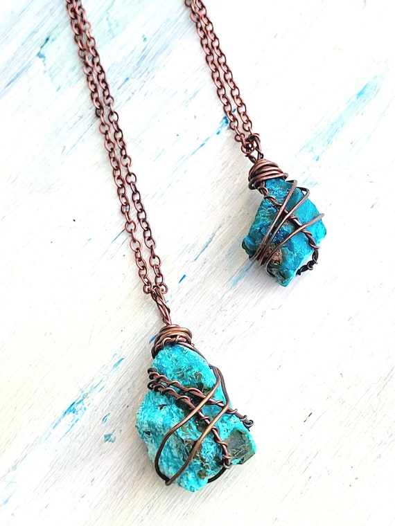 Raw Chrysocolla Copper Wrapped Pendant Necklace