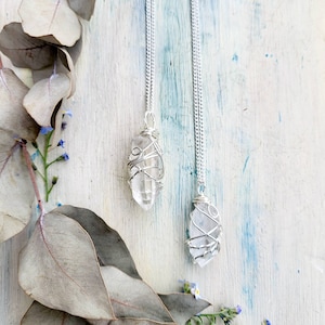 Clear Quartz Crystal Sterling Silver necklace, wire wrapped raw Quartz Crystal point, powerful healing crystal stone pendant, Quartz jewelry
