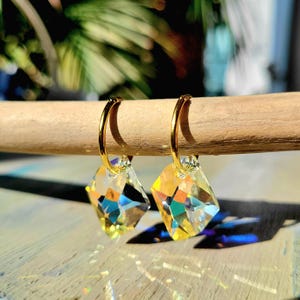 Suncatcher Sterling 24K Gold Hoops, Aurora Crystal teadrop earrings, Rainbow high quality Iridescent AB Crystal earrings, Sun lover gift