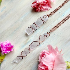 Raw Selenite crystal pendant, Selenite necklace in Copper, Small or long Selenite sticks