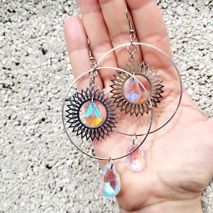 Sunburst Hoop Earrings with Iridescent Crystal Drops – Celestial Statement Jewelry