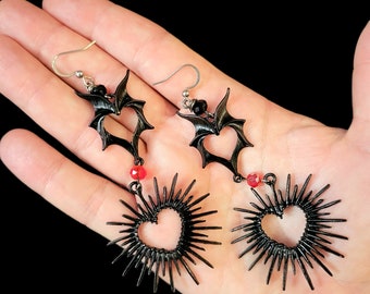 Black red dangle heart earrings, Gothic Witchy punk vampire Halloween earrings