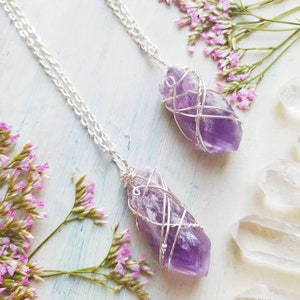 Large Amethyst Crystal necklace in Silver, Amethyst pendant Love stone necklace, February birthstone, wire wrapped raw Amethyst pendant