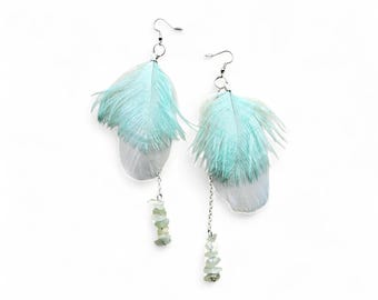 Mint Feather Earrings with Natural Gemstones – Boho Long Statement Earrings