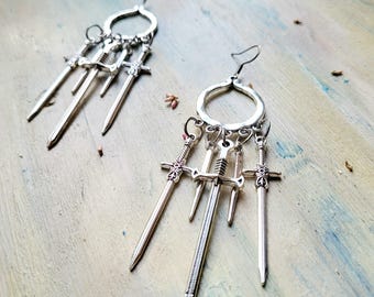 Gothic Sword Hoop Earrings: Stainless Steel Dangle