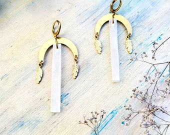 Selenite Brass Moon earrings, Selenite Crystal earrings, Crystal point Earrings, Dangle light earrings, one of a kind