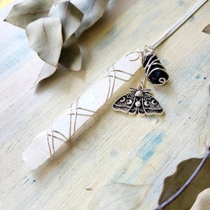 Selenite black Tourmaline pendant necklace in Sterling Silver, Raw Selenite Luna Moth necklace, White black crystal necklace, gift for her