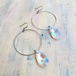 Iridescent Teardrop Crystal Hoop Earrings – Lightweight Silver Wire Dangles – Gift Ready with Free Wrapping