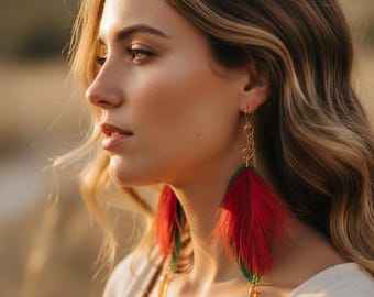 Red Green Feather Statement Earrings – Gold Chain Crystal Dangle – Boho Handmade Jewelry