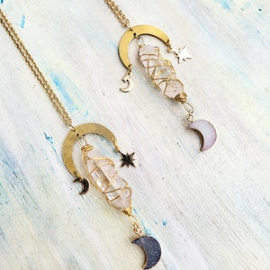 Celestial Clear Quartz Crystal Necklace: Brass Moon & Stars, 16" Chain