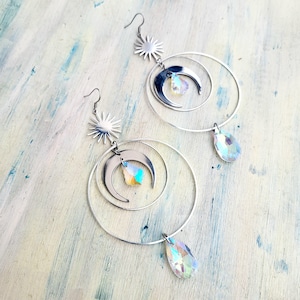 Celestial Stainless Steel Suncatcher Earrings – Sun & Moon Crystal Dangle Jewelry - Big hoop silver earrings