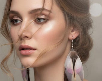 Pink Grey Feather Earrings – Boho Statement Dangle, Long Pastel Handmade Festival Jewelry