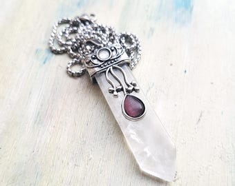 Clear Quartz Point Necklace | Amethyst & Moonstone, Stainless Steel
