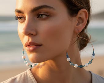 Copper Hoop Earrings with Lava, Apatite, Sodalite & Aquamarine | Handmade Natural Stone Earrings | Boho Jewelry