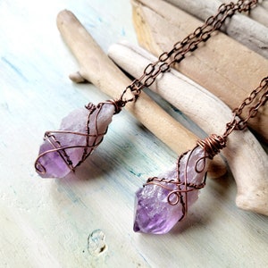 Amethyst Quartz point copper necklace, Wire wrapped Amethyst Quartz, raw Amethyst love stone pendant, large Amethyst, February birthstone