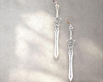 Long Sword Dangle Earrings: Silver Viking Knight Cosplay