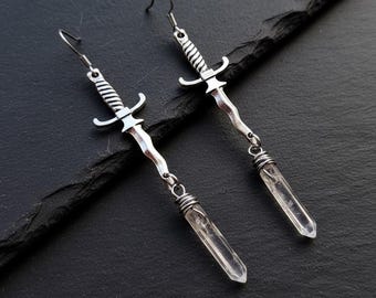 Crystal Dagger Earrings, Quartz Sword Earrings, Fantasy Witch Earrings, Gothic Crystal Jewelry, Medieval Sword Earrings, Dark Witch Jewelry