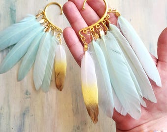 Feather Ear Cuff Earrings – Mint Green & Gold Boho Jewelry, No Piercing