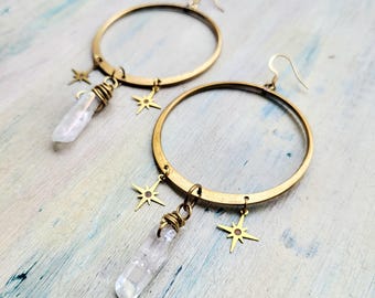 Angel Aura Quartz Hoop Earrings | Brass Boho Earrings | Celestial Star Jewelry | Handmade Statement Hoops