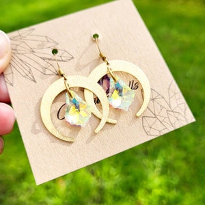 Suncather earrings, Rainbow suncatcher gold boho dangle teadrop Moon earrings, Goddess Crescent Moon Crystal earrings, Boho Festival jewelry