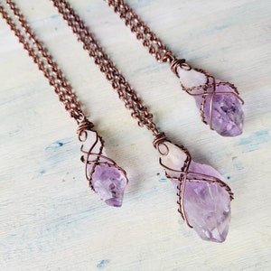 Amethyst Crystal Quartz copper necklace, raw Amethyst pendant Love stone necklace, February birthstone, wire wrapped Amethyst, Crystal gift