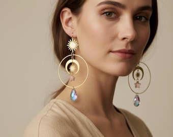 Brass Celestial Suncatcher Earrings – Moon, Star & Sun Dangle Earrings with Crystal Drops | Gift Wrapped