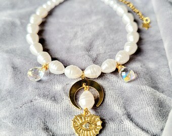 Himmlischer Mond und Perlen Suncatcher Teadrop Katzenhalsband, Charme Haustierhalsband aus Weißgold