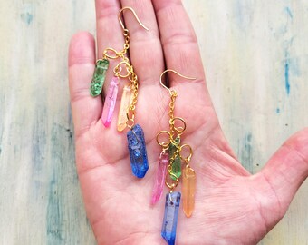 Rainbow Crystal Charm Necklace – Gold Stainless Steel Chain – Boho Minimal Jewelry