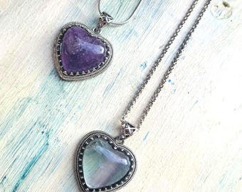 Amethyst or Fluorite Heart Necklace – Stainless Steel Gemstone Pendant