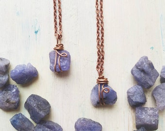 Raw Tanzanite Crystal Necklace | Copper Wire Wrapped Pendant