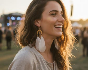 Ivory Feather Earrings – Gold Moon Star Dangle – Boho Bridal Celestial Jewelry