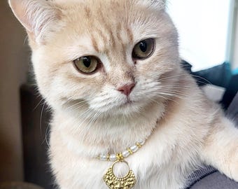 Freshwater Pearl Cat Collar: Celestial Brass Charm, Stylish Kitten Collar