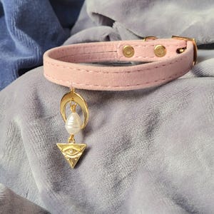 Handmade Pink Velvet Cat Collar: Golden Moon & Pearl Charm