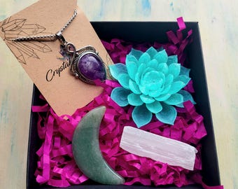 Crystal Gift Box | Amethyst Necklace, Aventurine Moon, Selenite Wand