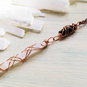 Raw Selenite and Tourmaline crystal pendant, Selenite necklace in Copper, Tourmaline pendant, Tourmaline and Selenite sticks
