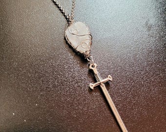 Moonstone Sword Necklace, Handmade Moonstone Pendant, Witchy Jewelry, Fantasy Sword Necklace, Medieval Crystal Necklace, Gothic Jewelry Gift