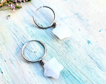 Clear Quartz Crystal star  Earrings, Natural Crystal star 925 Sterling silver hopp earrings, Clear Quartz star earrings