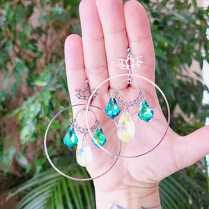 Mandala big hoop Suncather earrings, Light  suncatcher green silver dangle hoop teadrop earrings, Goddess blue Crystal earrings
