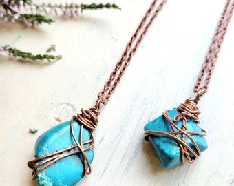 Collar de crisocola cruda: joyería curativa envuelta en cobre