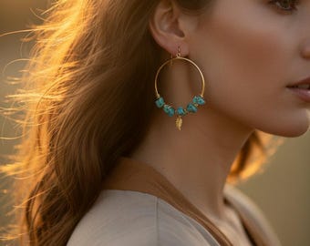 Handmade Brass Hoop Earrings | Boho Gemstone Charms