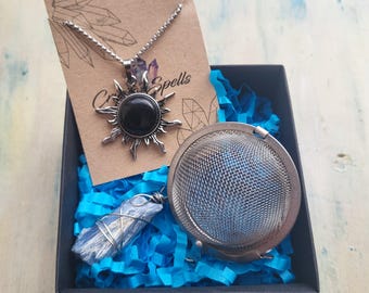 Obsidian Sun Pendant Necklace & Kyanite Tea Infuser Set | Crystal Healing Gift