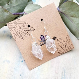 Raw Clear Quartz Sterling Silver earrings, Clear Crystal Quartz stone earrings, Clear Quartz jewelry