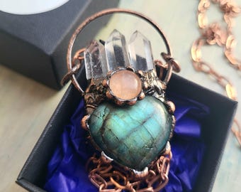 Labradorite Copper Crystal Pendant – Electroformed Necklace with Amethyst, Moonstone & Quartz | One of a Kind