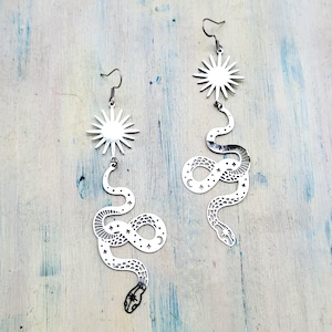 Snake silver earrings, Long drop stainless steel snake dangle earrings