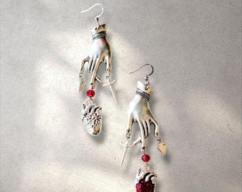 Gothic Sword Heart Dangle Earrings: Dark Academia Jewelry
