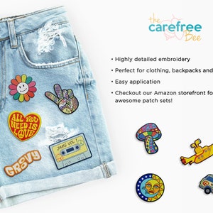 Iron on Hippie Patches The Carefree Bee Set of 12 Retro Iron On Vintage Patches Cute Patches for Backpacks, Jeans, Jackets Set 4 image 4