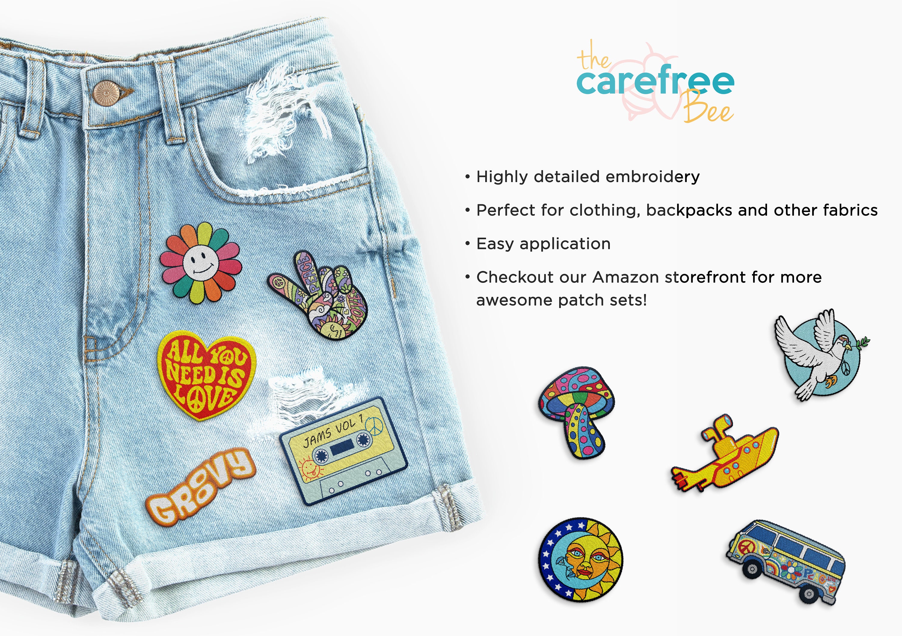 The Carefree Bee - Large Assorted Set of 15 Aesthetic and Cool Outdoors  Iron On Patches for Jackets Backpacks Jeans and Clothes | Each Embroidered