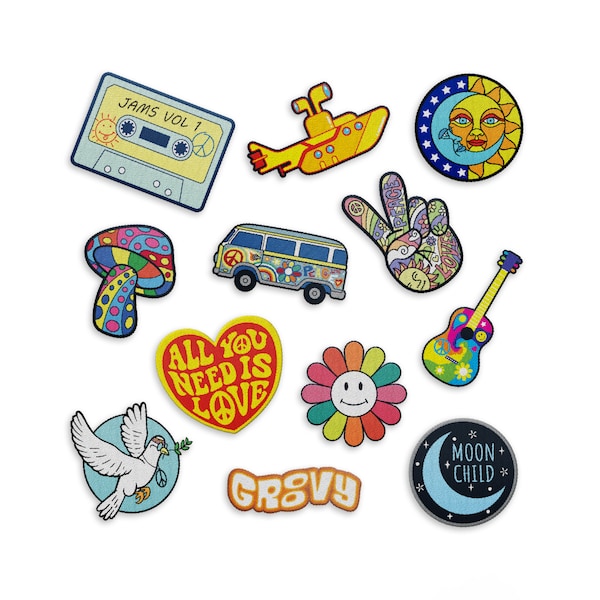Iron on Hippie Patches - The Carefree Bee | Set of 12 Retro Iron On Vintage Patches | Cute Patches for Backpacks, Jeans, Jackets (Set 4)